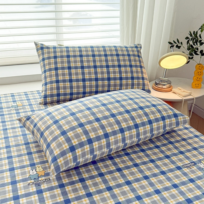 91家纺网 家纺一手货源 找家纺 红日子纺织品 2025新款直播热卖原棉提花锻条老粗布印花床单三件套 蓝格