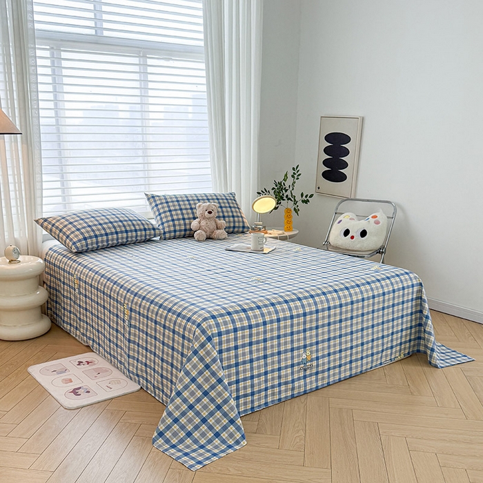 91家纺网 家纺一手货源 找家纺 红日子纺织品 2025新款直播热卖原棉提花锻条老粗布印花床单三件套 蓝格