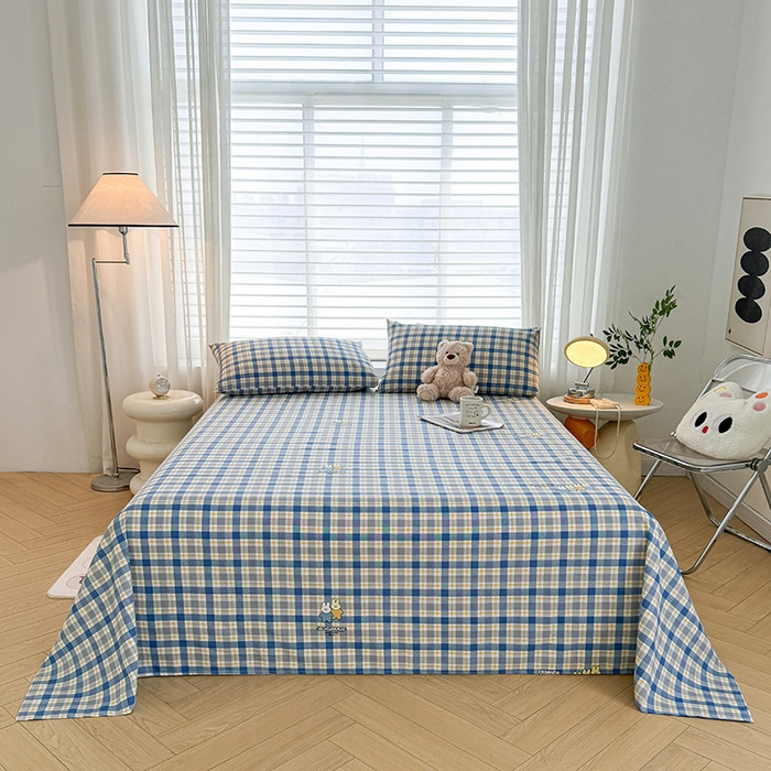 91家纺网 家纺一手货源 找家纺 红日子纺织品 2025新款直播热卖原棉提花锻条老粗布印花床单三件套 蓝格