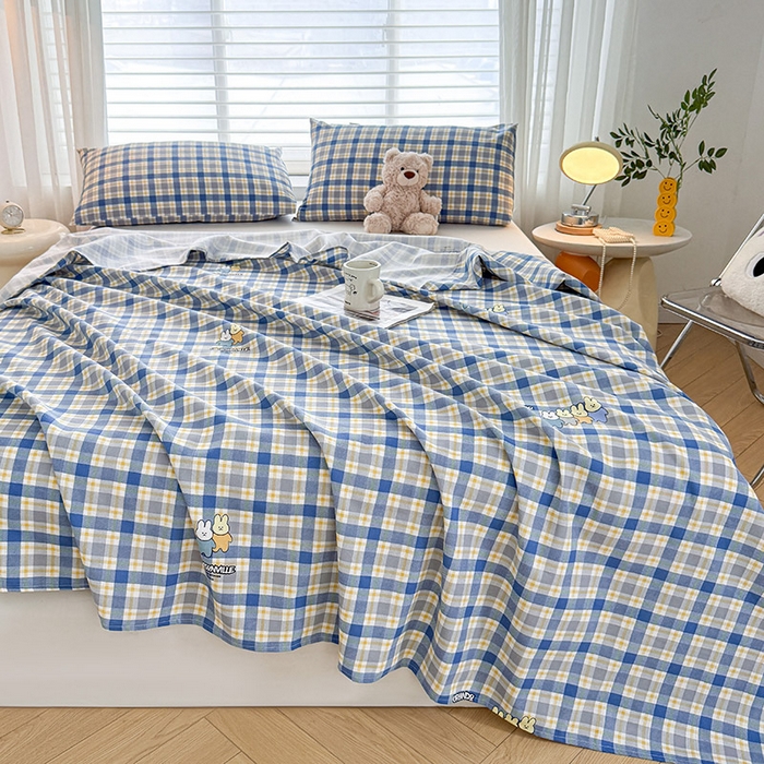 91家纺网 家纺一手货源 找家纺 红日子纺织品 2025新款直播热卖原棉提花锻条老粗布印花床单三件套 蓝格