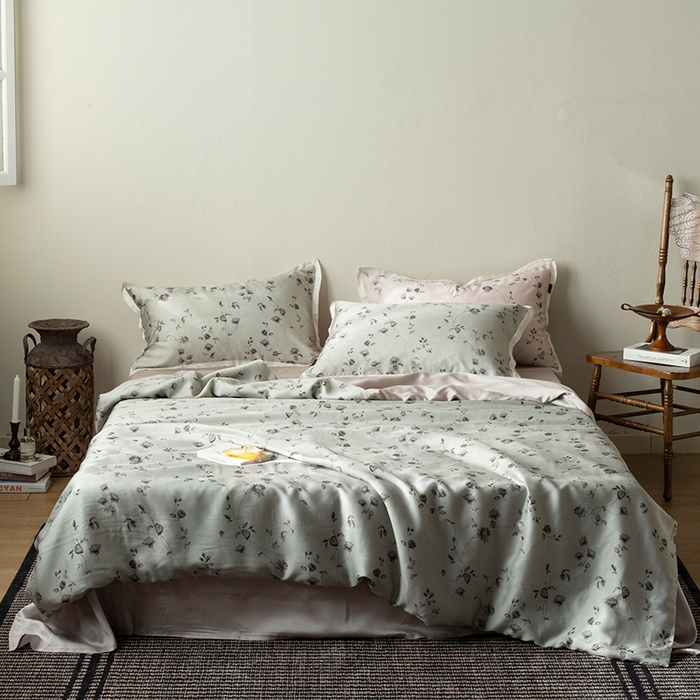 91家纺网 家纺一手货源 找家纺 禾时 2025新款60S兰精天丝数码印花四件套 幽幽暗香绿