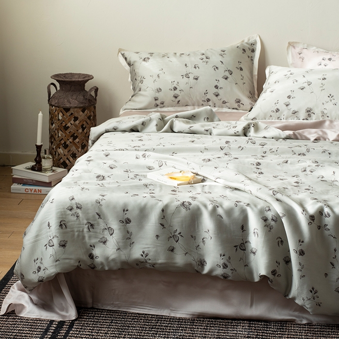 91家纺网 家纺一手货源 找家纺 禾时 2025新款60S兰精天丝数码印花四件套 幽幽暗香绿