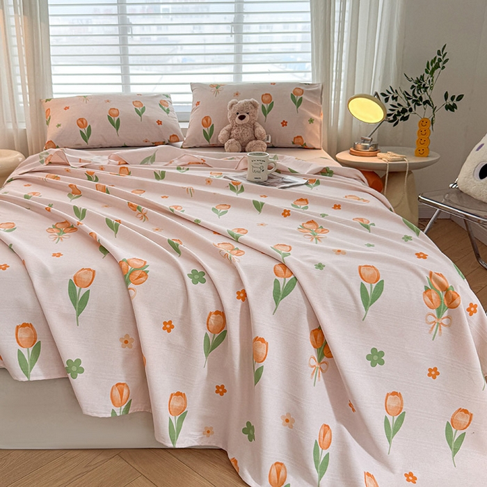 91家纺网 家纺一手货源 找家纺 红日子纺织品 2025新款直播热卖原棉提花锻条老粗布印花床单三件套 花香四溢