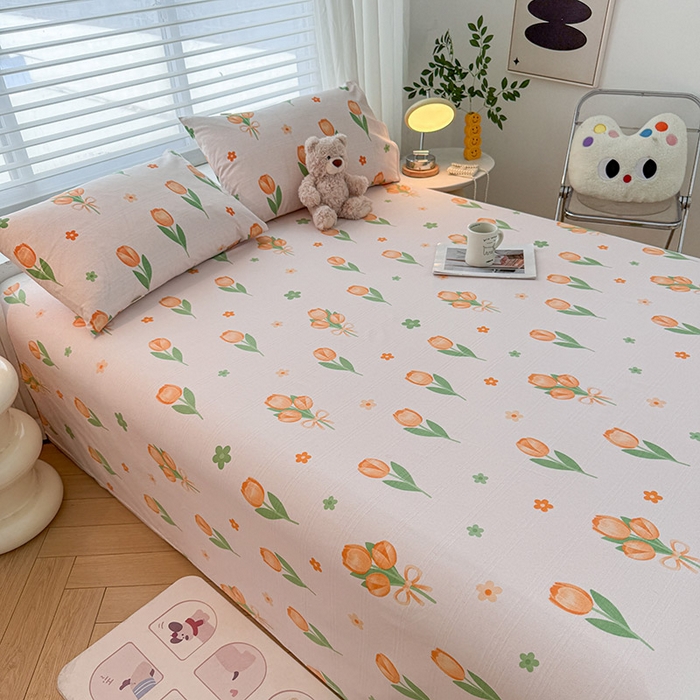 91家纺网 家纺一手货源 找家纺 红日子纺织品 2025新款直播热卖原棉提花锻条老粗布印花床单三件套 花香四溢