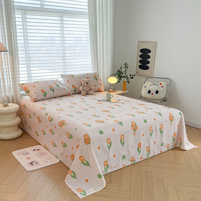 91家纺网 家纺一手货源 找家纺 红日子纺织品 2025新款直播热卖原棉提花锻条老粗布印花床单三件套 花香四溢