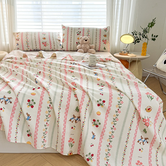 91家纺网 家纺一手货源 找家纺 红日子纺织品 2025新款直播热卖原棉提花锻条老粗布印花床单三件套 欢乐颂