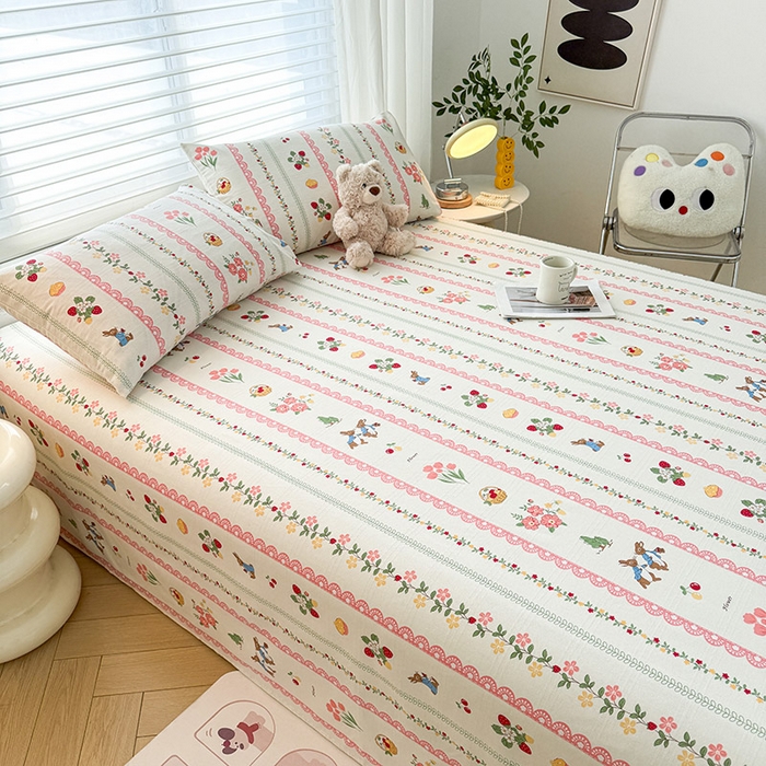 91家纺网 家纺一手货源 找家纺 红日子纺织品 2025新款直播热卖原棉提花锻条老粗布印花床单三件套 欢乐颂