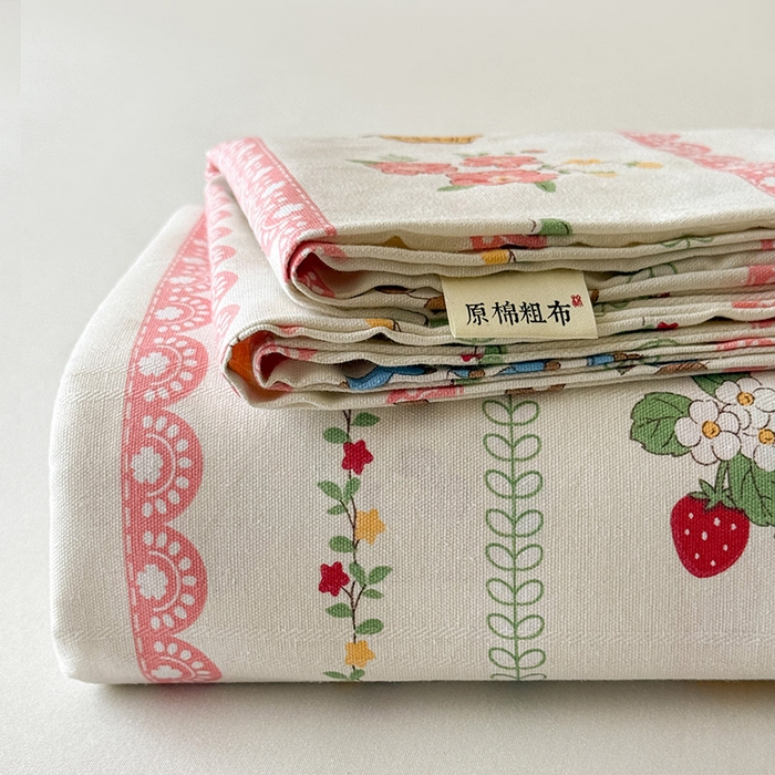 红日子纺织品 2025新款直播热卖原棉提花锻条老粗布印花床单三件套 欢乐颂