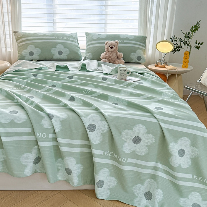 91家纺网 家纺一手货源 找家纺 红日子纺织品 2025新款直播热卖原棉提花锻条老粗布印花床单三件套 花颜-绿