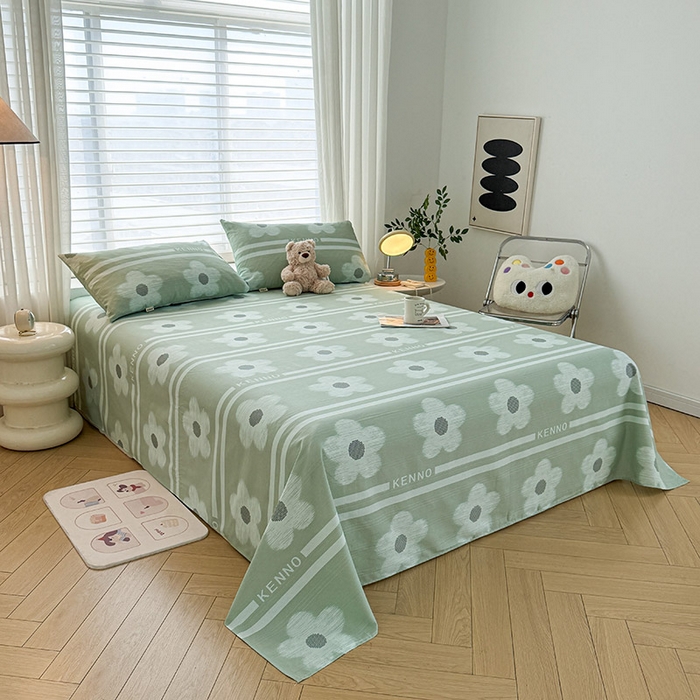 91家纺网 家纺一手货源 找家纺 红日子纺织品 2025新款直播热卖原棉提花锻条老粗布印花床单三件套 花颜-绿