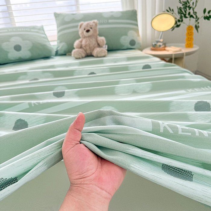 91家纺网 家纺一手货源 找家纺 红日子纺织品 2025新款直播热卖原棉提花锻条老粗布印花床单三件套 花颜-绿