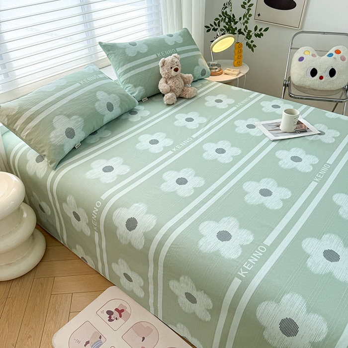 91家纺网 家纺一手货源 找家纺 红日子纺织品 2025新款直播热卖原棉提花锻条老粗布印花床单三件套 花颜-绿