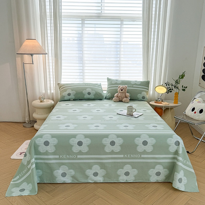 91家纺网 家纺一手货源 找家纺 红日子纺织品 2025新款直播热卖原棉提花锻条老粗布印花床单三件套 花颜-绿