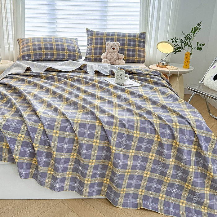 91家纺网 家纺一手货源 找家纺 红日子纺织品 2025新款直播热卖原棉提花锻条老粗布印花床单三件套 灰格