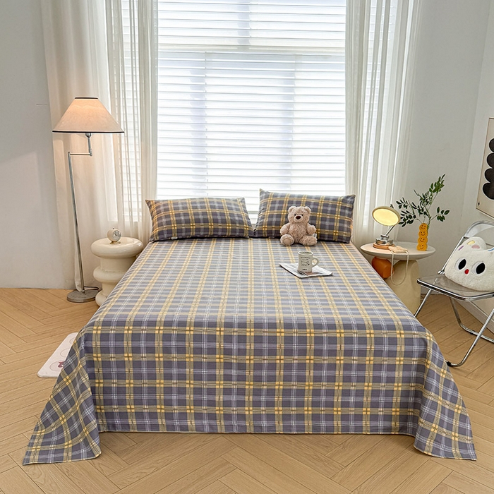 91家纺网 家纺一手货源 找家纺 红日子纺织品 2025新款直播热卖原棉提花锻条老粗布印花床单三件套 灰格