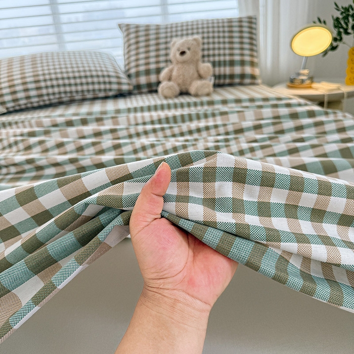 91家纺网 家纺一手货源 找家纺 红日子纺织品 2025新款直播热卖原棉提花锻条老粗布印花床单三件套 卡其格