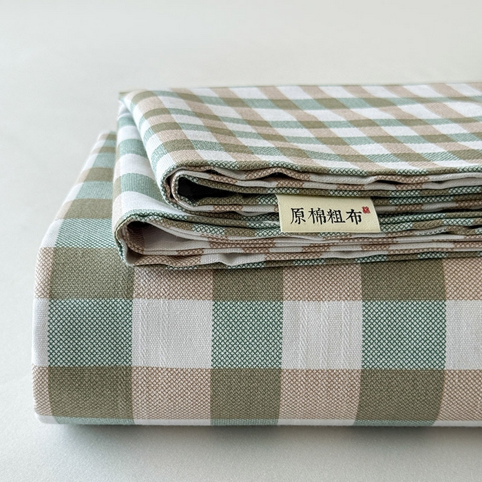 红日子纺织品 2025新款直播热卖原棉提花锻条老粗布印花床单三件套 卡其格