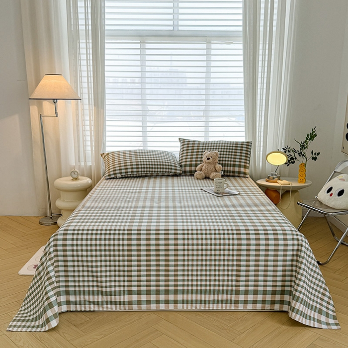 91家纺网 家纺一手货源 找家纺 红日子纺织品 2025新款直播热卖原棉提花锻条老粗布印花床单三件套 卡其格