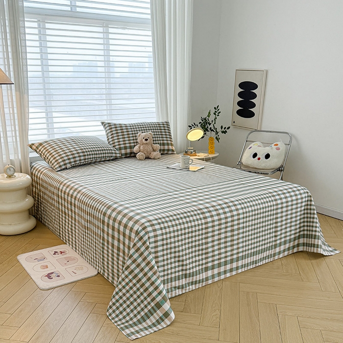 91家纺网 家纺一手货源 找家纺 红日子纺织品 2025新款直播热卖原棉提花锻条老粗布印花床单三件套 卡其格