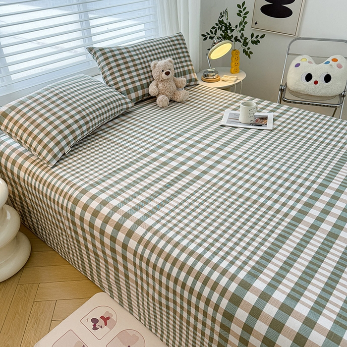 91家纺网 家纺一手货源 找家纺 红日子纺织品 2025新款直播热卖原棉提花锻条老粗布印花床单三件套 卡其格