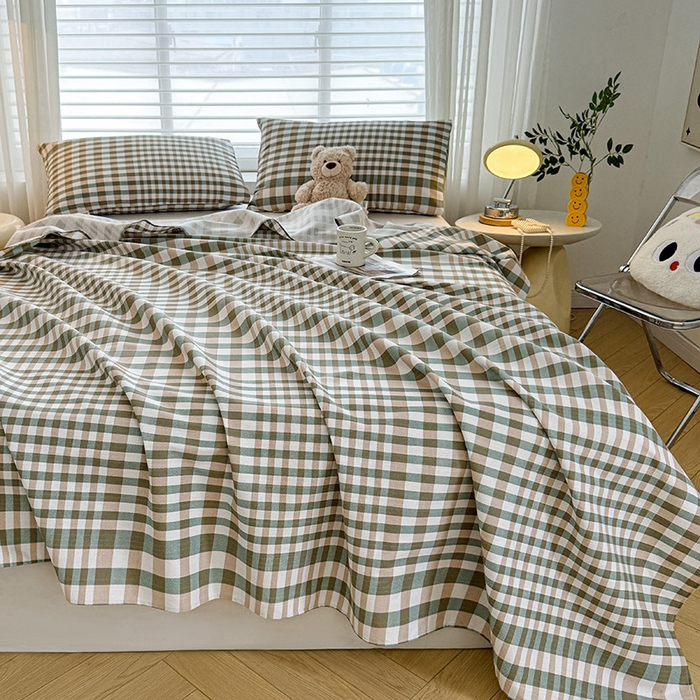 91家纺网 家纺一手货源 找家纺 红日子纺织品 2025新款直播热卖原棉提花锻条老粗布印花床单三件套 卡其格