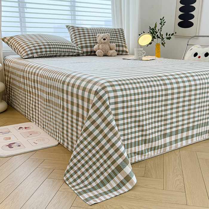 91家纺网 家纺一手货源 找家纺 红日子纺织品 2025新款直播热卖原棉提花锻条老粗布印花床单三件套 卡其格