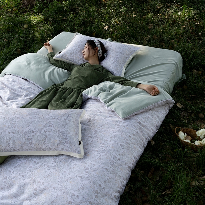 禾时 2025新款60S兰精天丝数码印花四件套 南芙白（枕套带边）