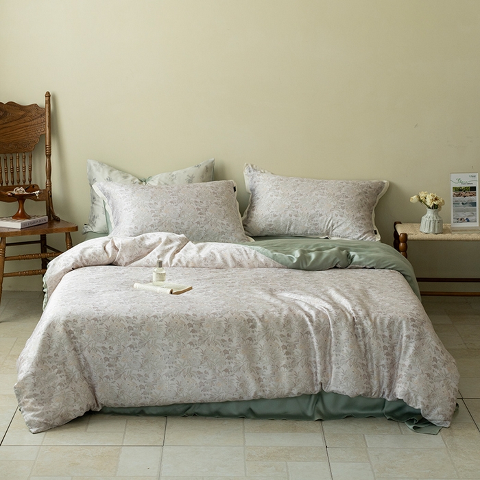 91家纺网 家纺一手货源 找家纺 禾时 2025新款60S兰精天丝数码印花四件套 南芙白（枕套带边）