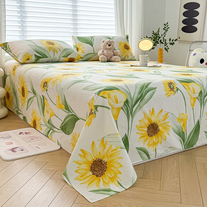 91家纺网 家纺一手货源 找家纺 红日子纺织品 2025新款直播热卖原棉提花锻条老粗布印花床单三件套 向阳花开