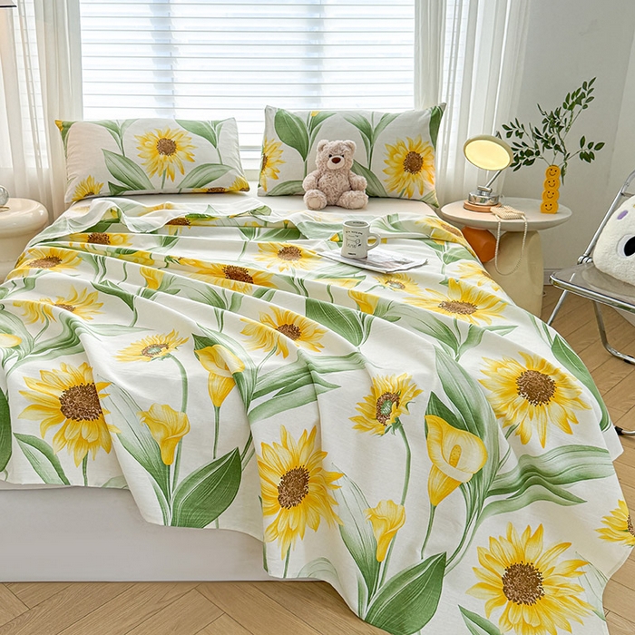 91家纺网 家纺一手货源 找家纺 红日子纺织品 2025新款直播热卖原棉提花锻条老粗布印花床单三件套 向阳花开