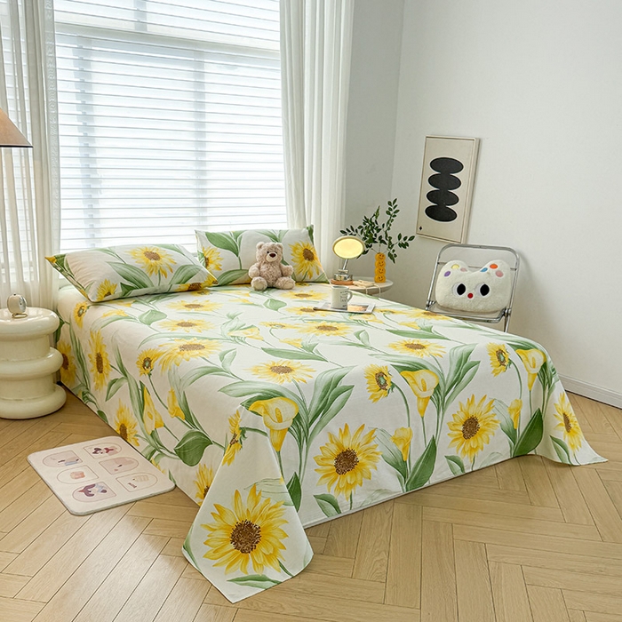 91家纺网 家纺一手货源 找家纺 红日子纺织品 2025新款直播热卖原棉提花锻条老粗布印花床单三件套 向阳花开