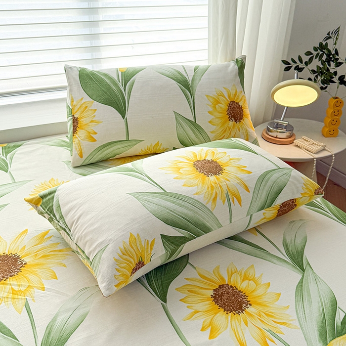 91家纺网 家纺一手货源 找家纺 红日子纺织品 2025新款直播热卖原棉提花锻条老粗布印花床单三件套 向阳花开