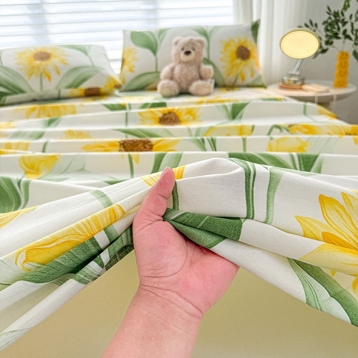 91家纺网 家纺一手货源 找家纺 红日子纺织品 2025新款直播热卖原棉提花锻条老粗布印花床单三件套 向阳花开