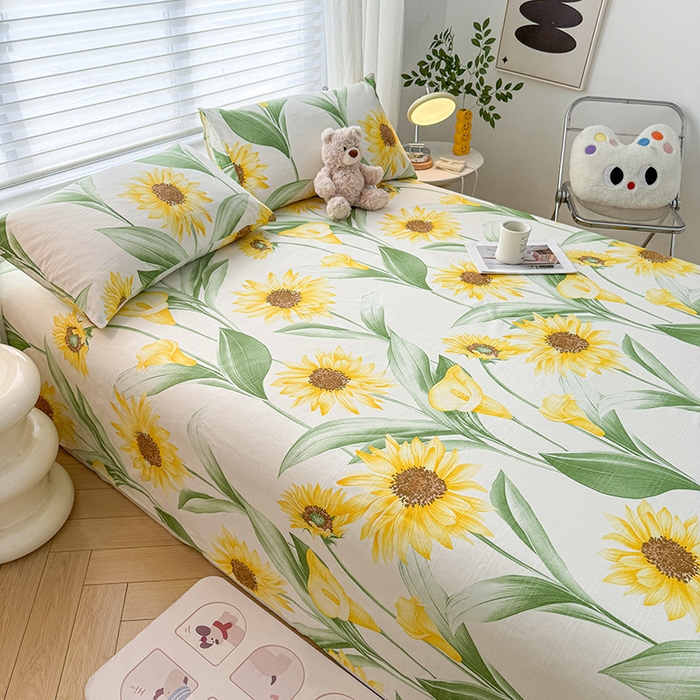 91家纺网 家纺一手货源 找家纺 红日子纺织品 2025新款直播热卖原棉提花锻条老粗布印花床单三件套 向阳花开