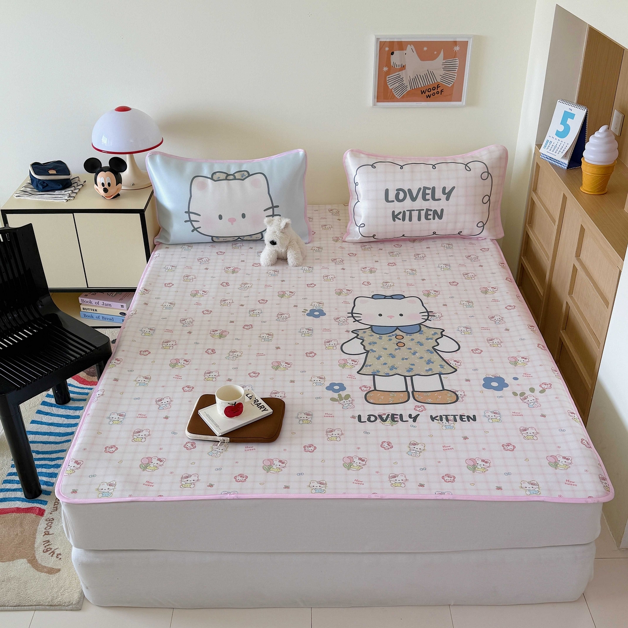 91家纺网 家纺一手货源 找家纺 美乐迪家纺 2025新款碳光凉感丝冰丝凉席席子 可爱小猫