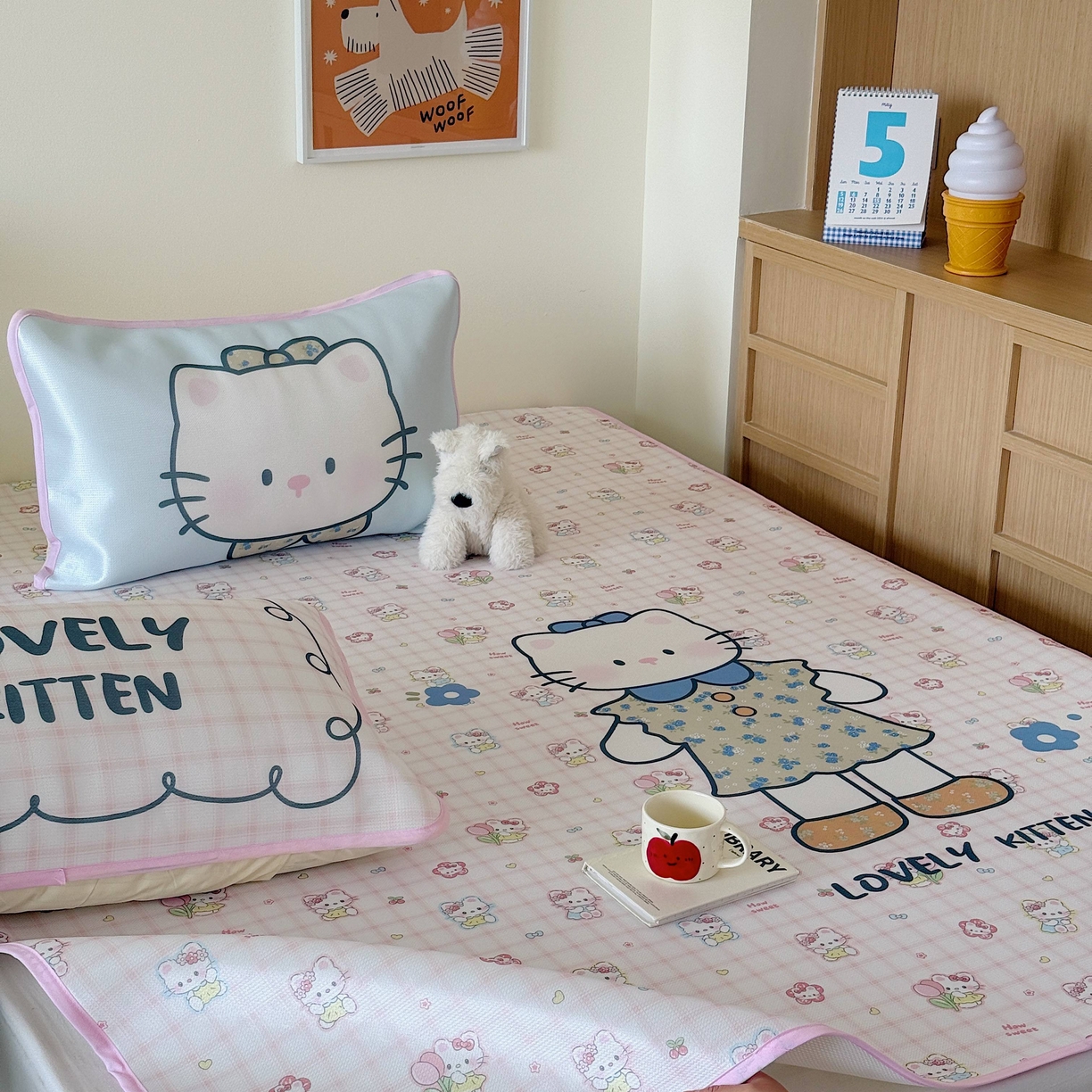 91家纺网 家纺一手货源 找家纺 美乐迪家纺 2025新款碳光凉感丝冰丝凉席席子 可爱小猫