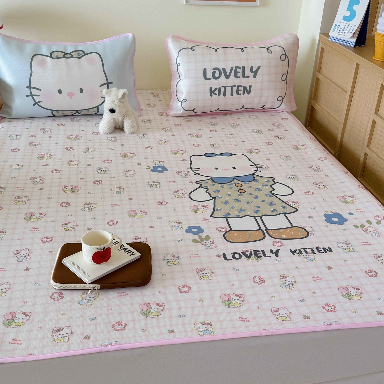 91家纺网 家纺一手货源 找家纺 美乐迪家纺 2025新款碳光凉感丝冰丝凉席席子 可爱小猫