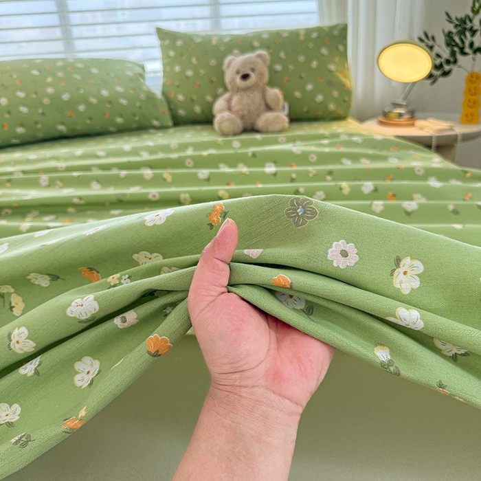 91家纺网 家纺一手货源 找家纺 红日子纺织品 2025新款直播热卖原棉提花锻条老粗布印花床单三件套 春暖花开