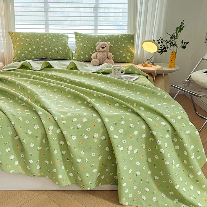 91家纺网 家纺一手货源 找家纺 红日子纺织品 2025新款直播热卖原棉提花锻条老粗布印花床单三件套 春暖花开