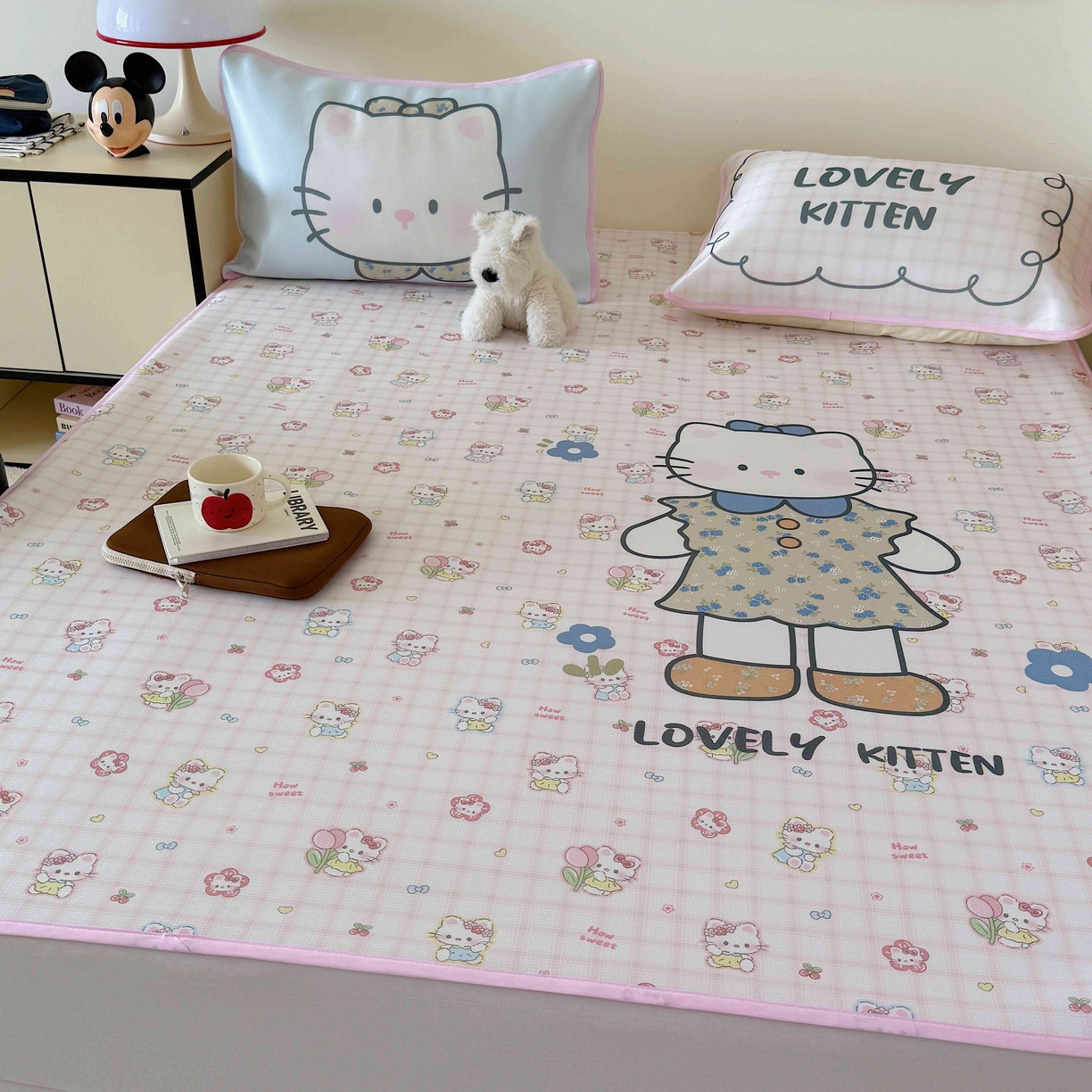 91家纺网 家纺一手货源 找家纺 美乐迪家纺 2025新款碳光凉感丝冰丝凉席席子 可爱小猫