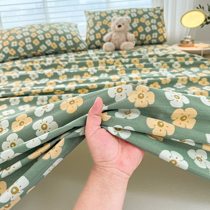 91家纺网 家纺一手货源 找家纺 红日子纺织品 2025新款直播热卖原棉提花锻条老粗布印花床单三件套 繁花-绿