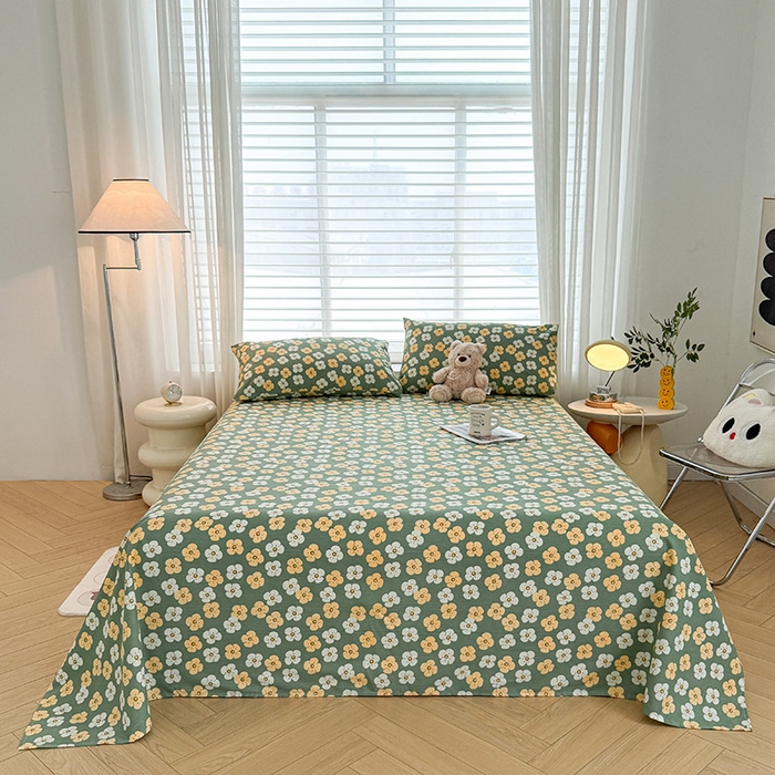 91家纺网 家纺一手货源 找家纺 红日子纺织品 2025新款直播热卖原棉提花锻条老粗布印花床单三件套 繁花-绿