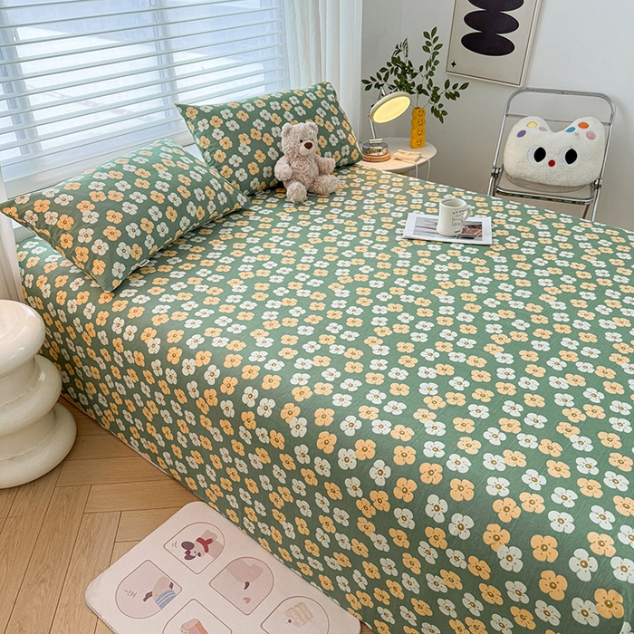 91家纺网 家纺一手货源 找家纺 红日子纺织品 2025新款直播热卖原棉提花锻条老粗布印花床单三件套 繁花-绿