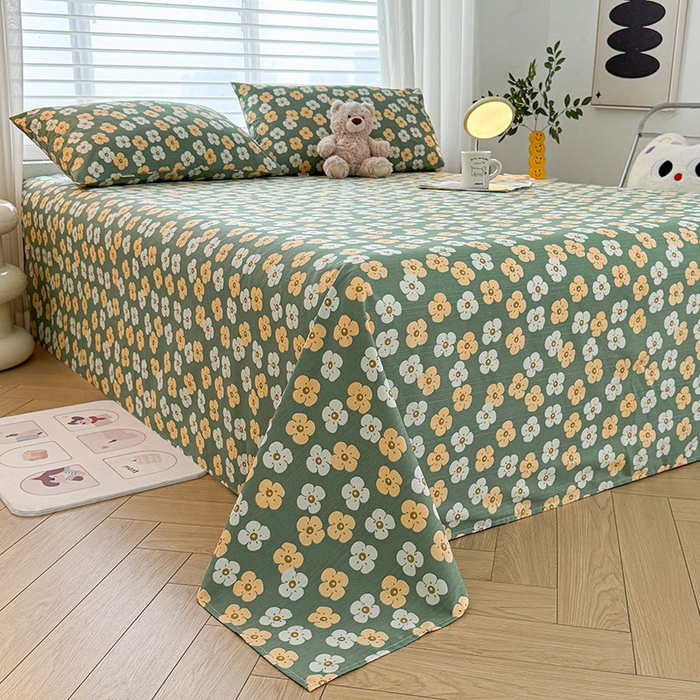 91家纺网 家纺一手货源 找家纺 红日子纺织品 2025新款直播热卖原棉提花锻条老粗布印花床单三件套 繁花-绿