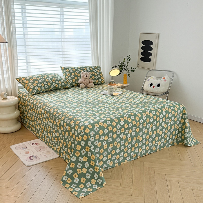 91家纺网 家纺一手货源 找家纺 红日子纺织品 2025新款直播热卖原棉提花锻条老粗布印花床单三件套 繁花-绿