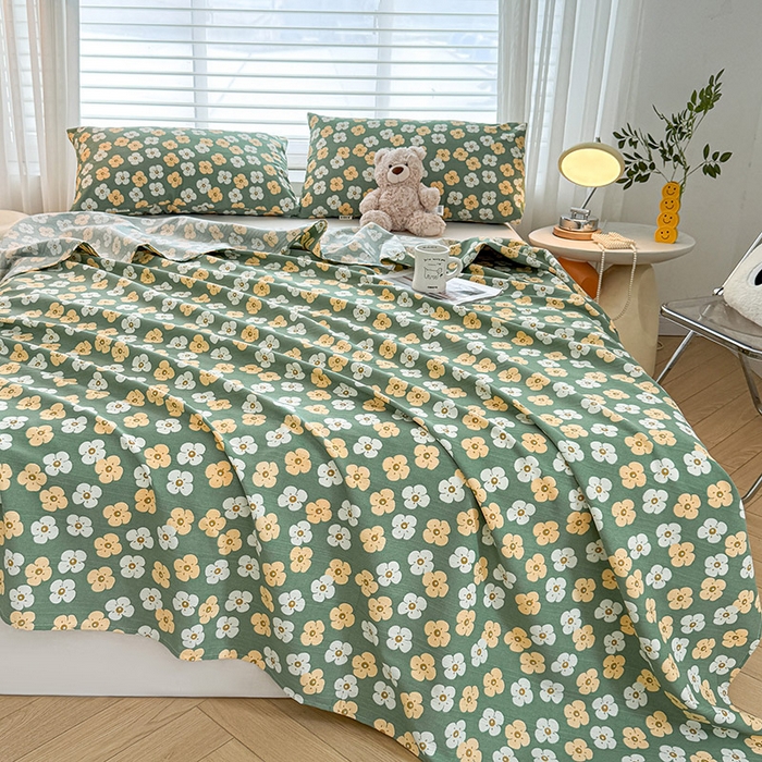 91家纺网 家纺一手货源 找家纺 红日子纺织品 2025新款直播热卖原棉提花锻条老粗布印花床单三件套 繁花-绿