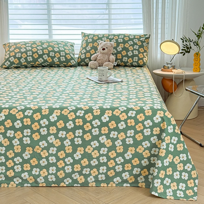 91家纺网 家纺一手货源 找家纺 红日子纺织品 2025新款直播热卖原棉提花锻条老粗布印花床单三件套 繁花-绿