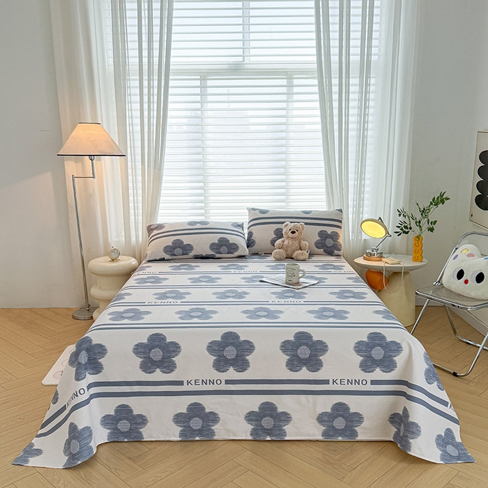 91家纺网 家纺一手货源 找家纺 红日子纺织品 2025新款直播热卖原棉提花锻条老粗布印花床单三件套 花颜-白