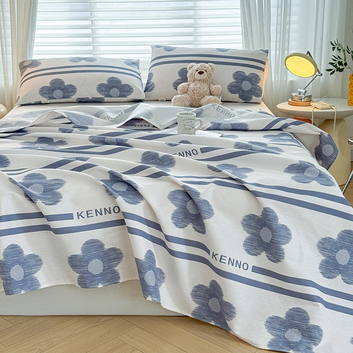 91家纺网 家纺一手货源 找家纺 红日子纺织品 2025新款直播热卖原棉提花锻条老粗布印花床单三件套 花颜-白