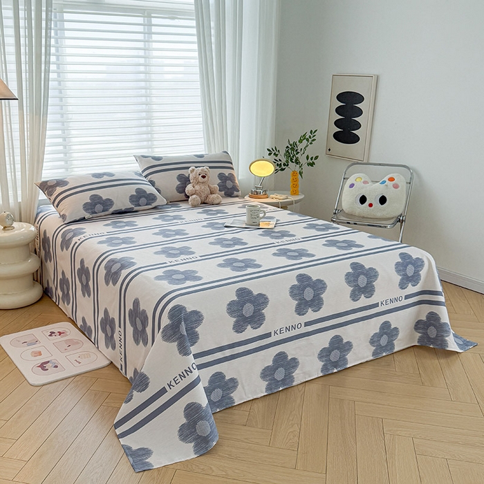 91家纺网 家纺一手货源 找家纺 红日子纺织品 2025新款直播热卖原棉提花锻条老粗布印花床单三件套 花颜-白